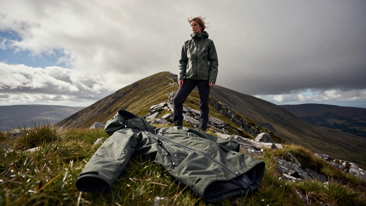 Hiker on a windy Irish mountain peak wearing a short technical jacket.