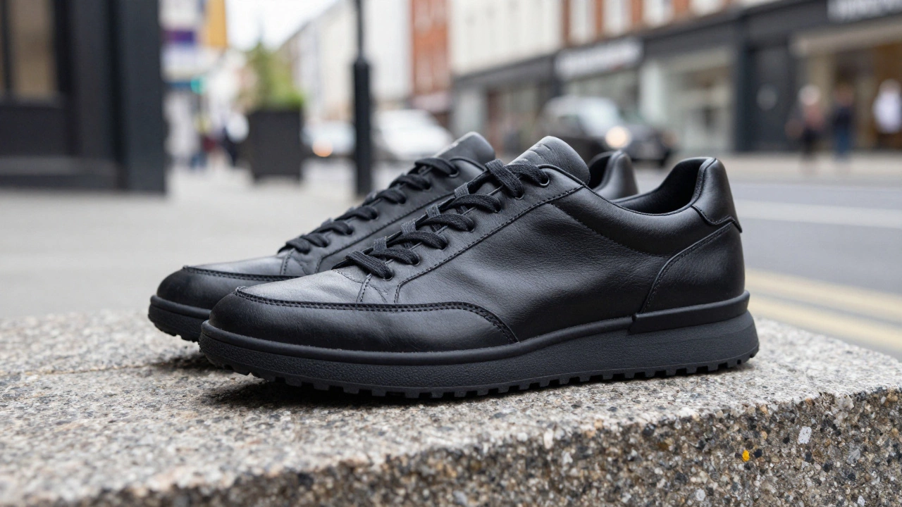 Hybrid leather sneaker on stone surface in urban Dublin