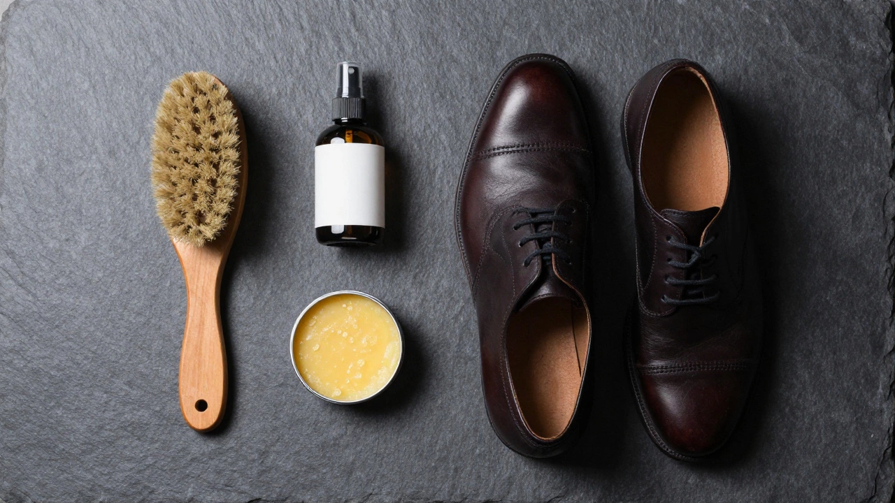 Leather shoe care kit with brush and wax on slate