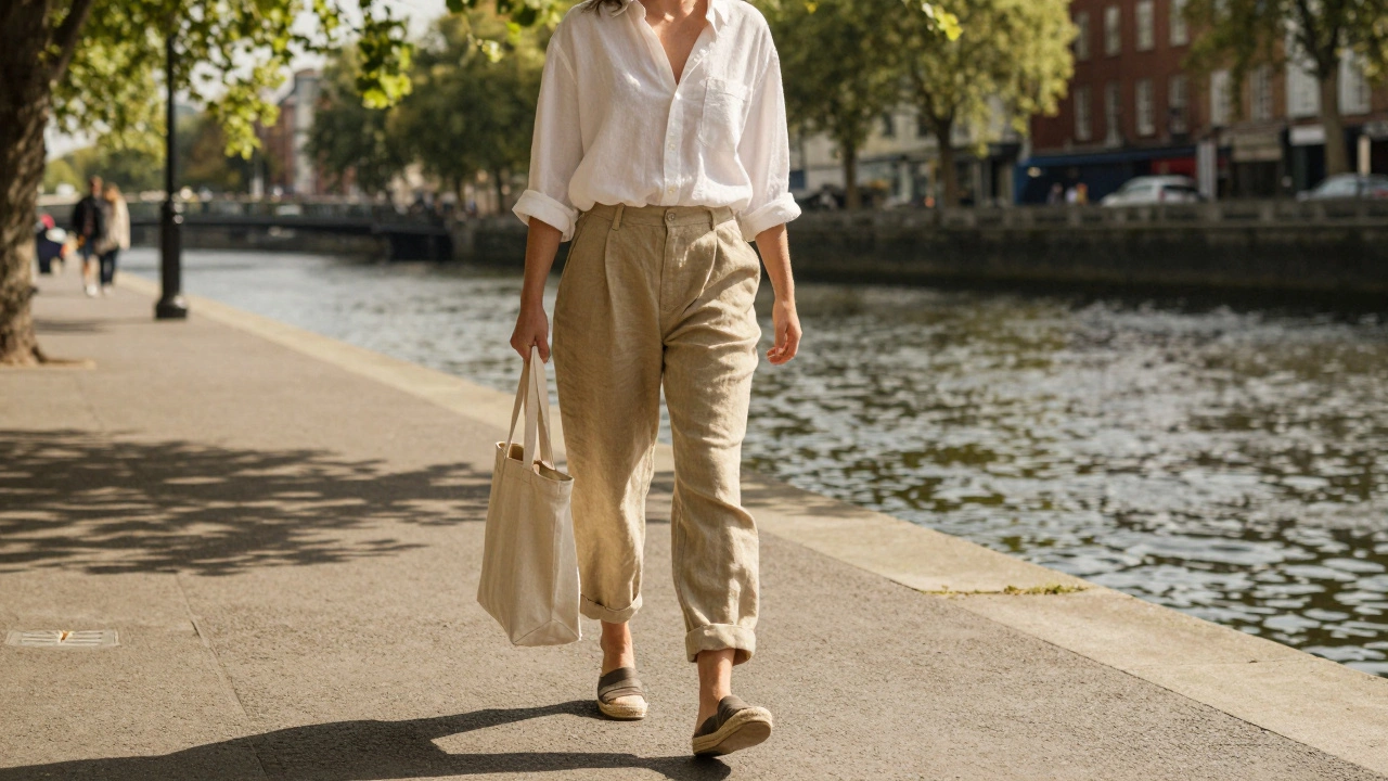 Person in linen trousers and cotton shirt walking by Dublin river
