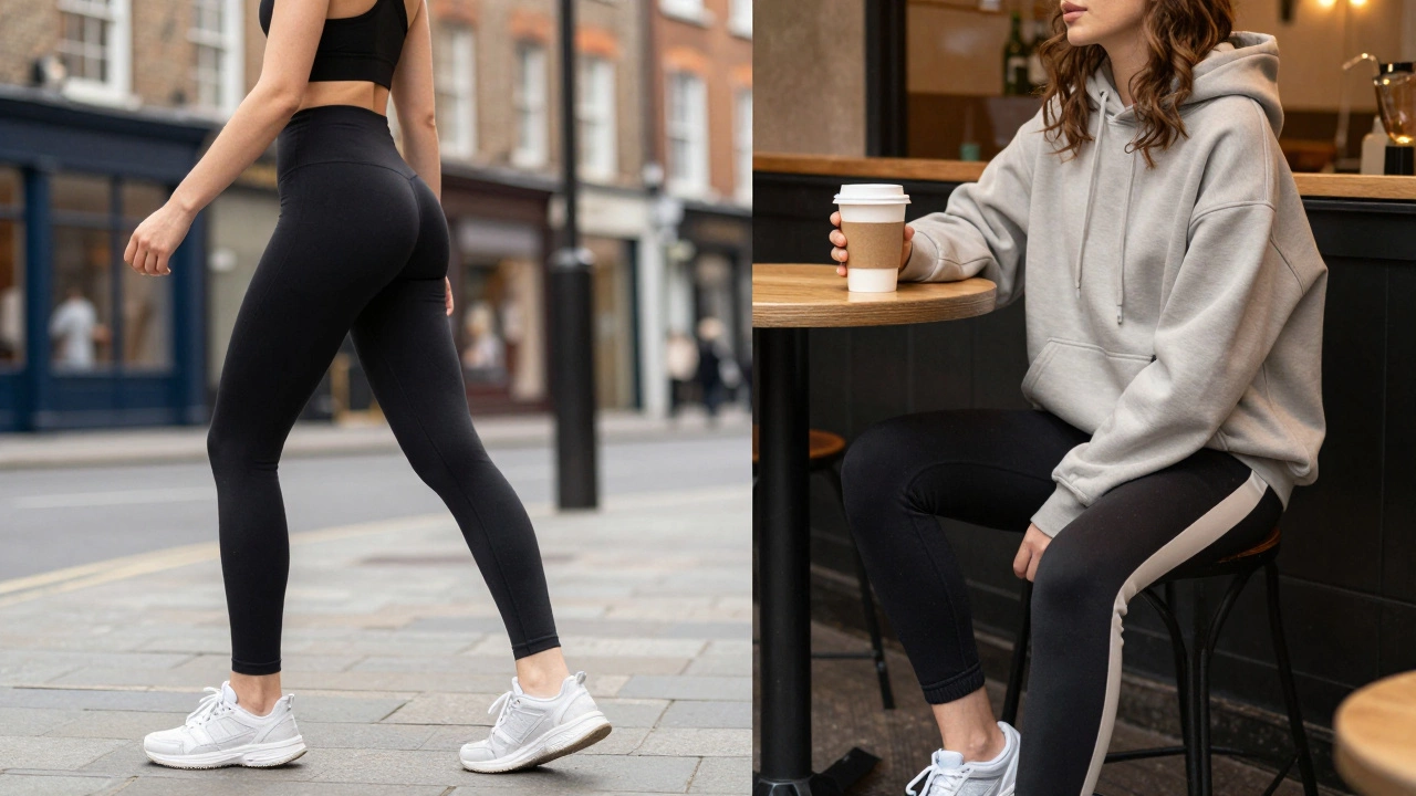 Person transitioning from gym workout clothes to casual athleisure outfit at a cafe