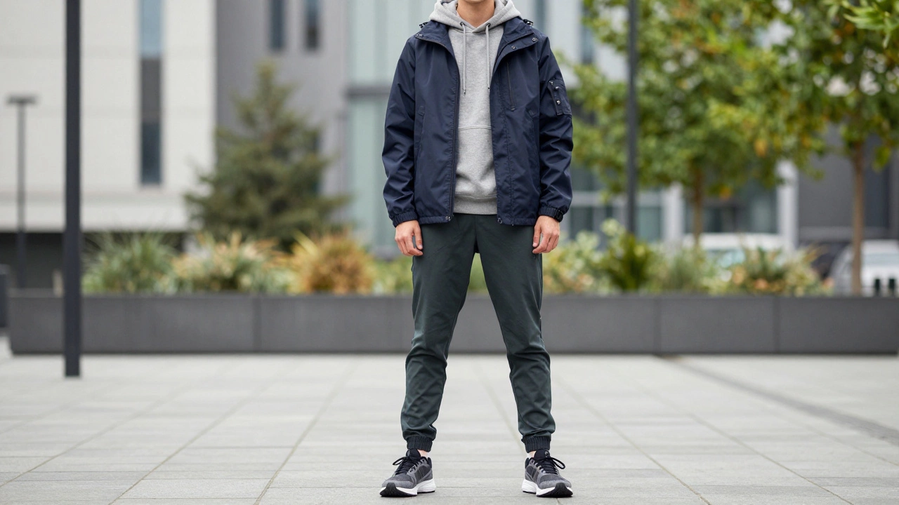 Person wearing modern athleisure layers like windbreaker and joggers