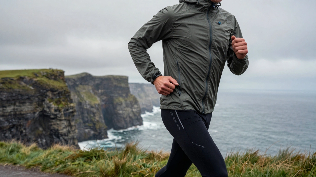 Runner wearing layered technical gear against misty Irish coastal cliffs