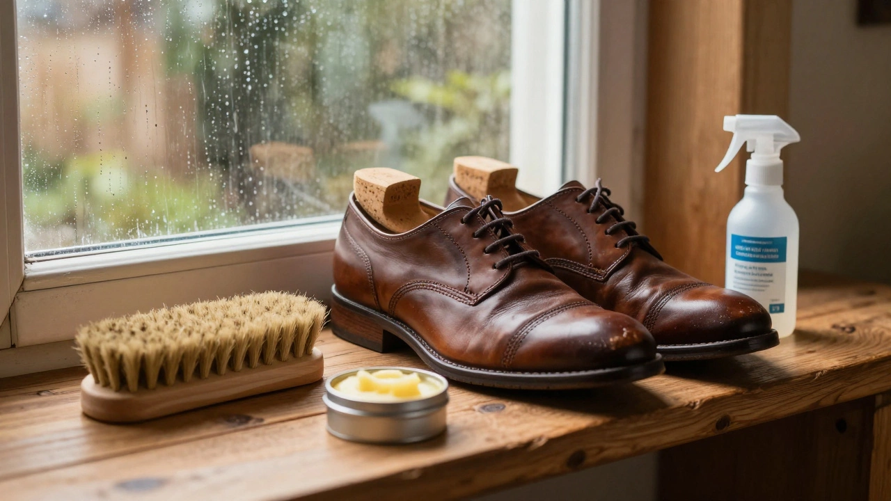 Shoes with cedar trees and care products indoors