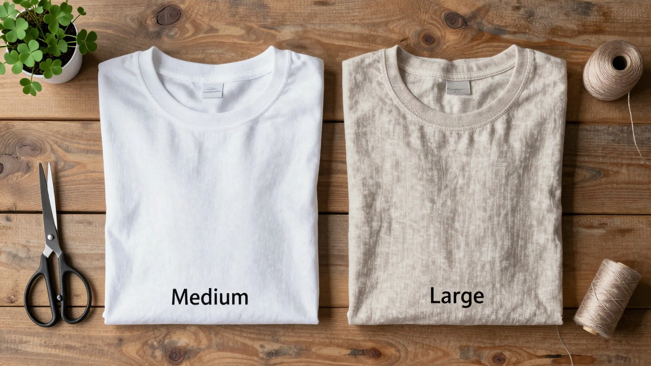 Side-by-side comparison of Medium and Large t-shirts on a table