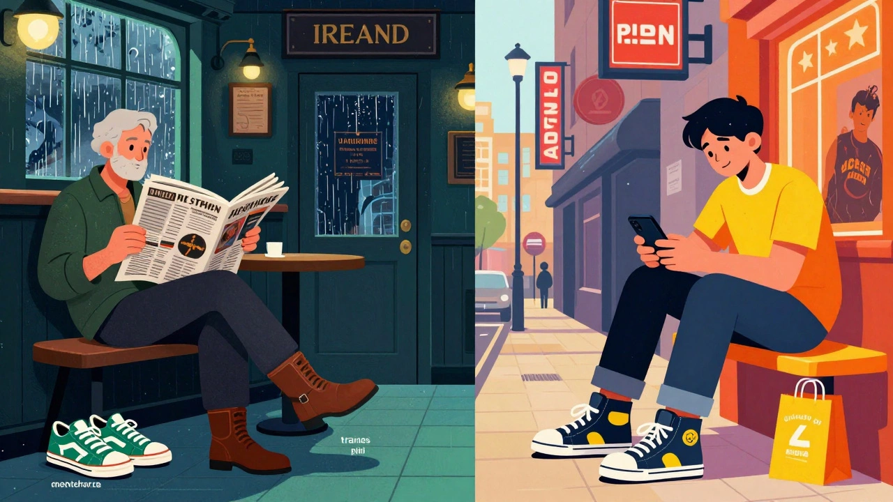 Split image contrasting an Irish pub scene with a modern LA street scene.