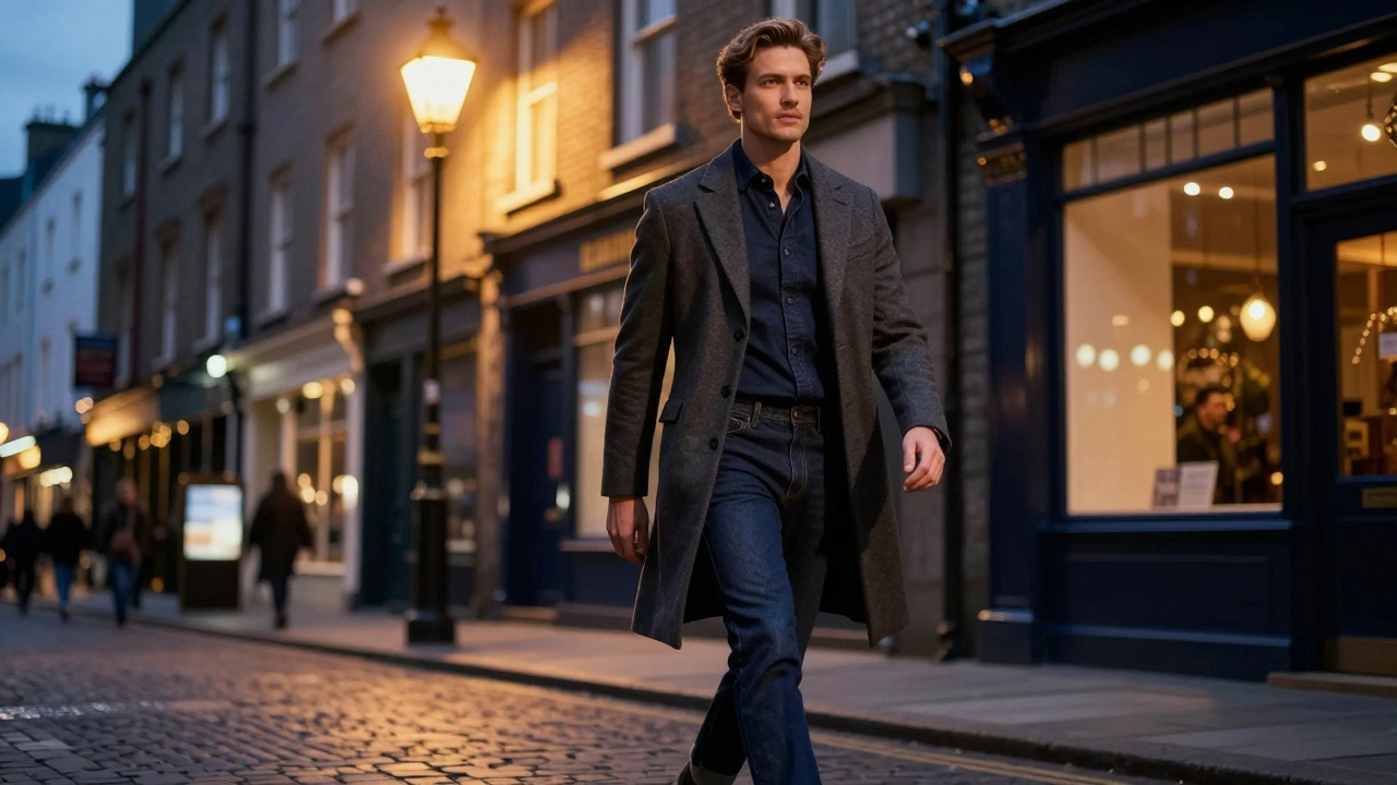 Stylish figure in dark indigo jeans under warm streetlights at dusk