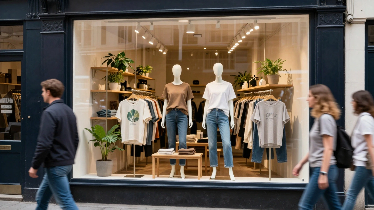 Sustainable cotton t-shirts displayed in a boutique window in Dublin's Temple Bar.