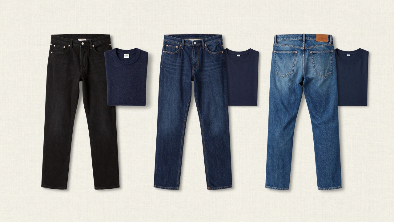 Three pairs of jeans in black, indigo, and blue on linen