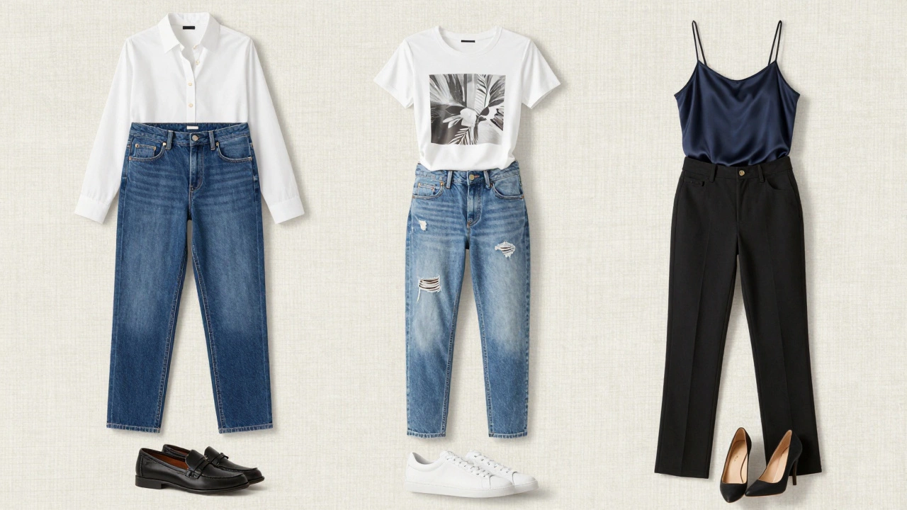 Three styled outfits featuring mom jeans for different occasions