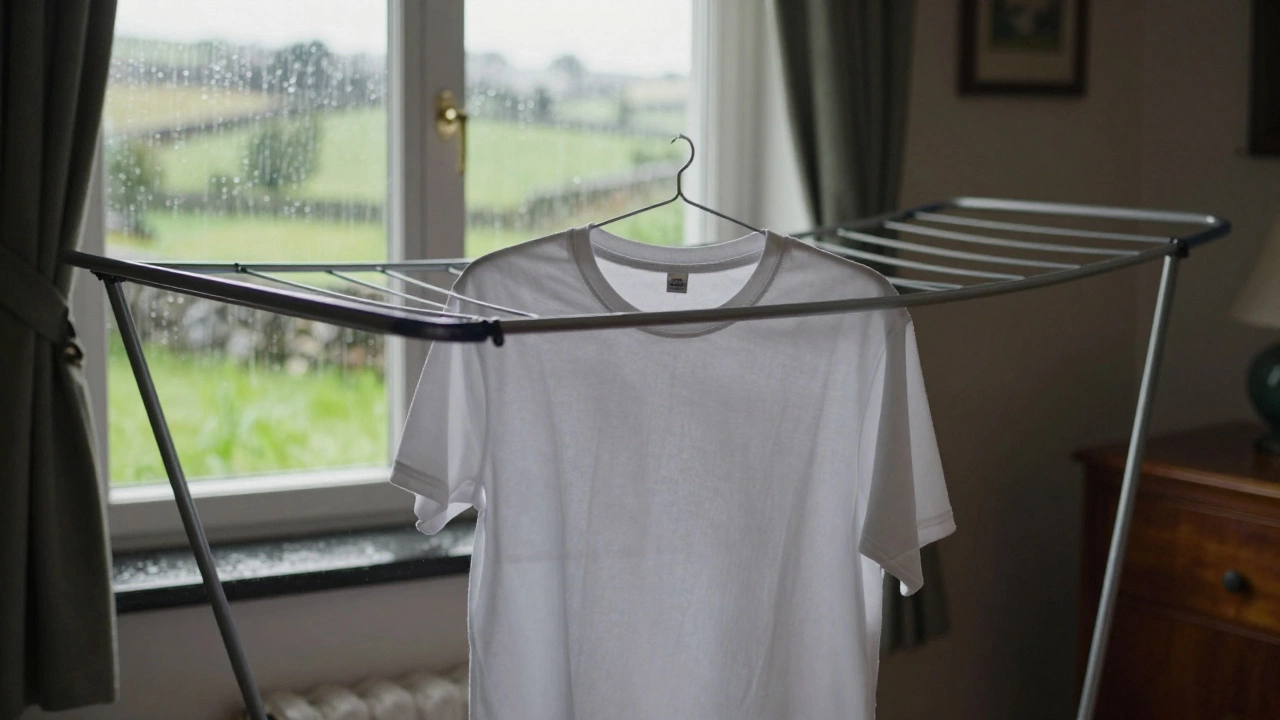 White t-shirt air-drying indoors near a rainy window in a cozy Irish home.
