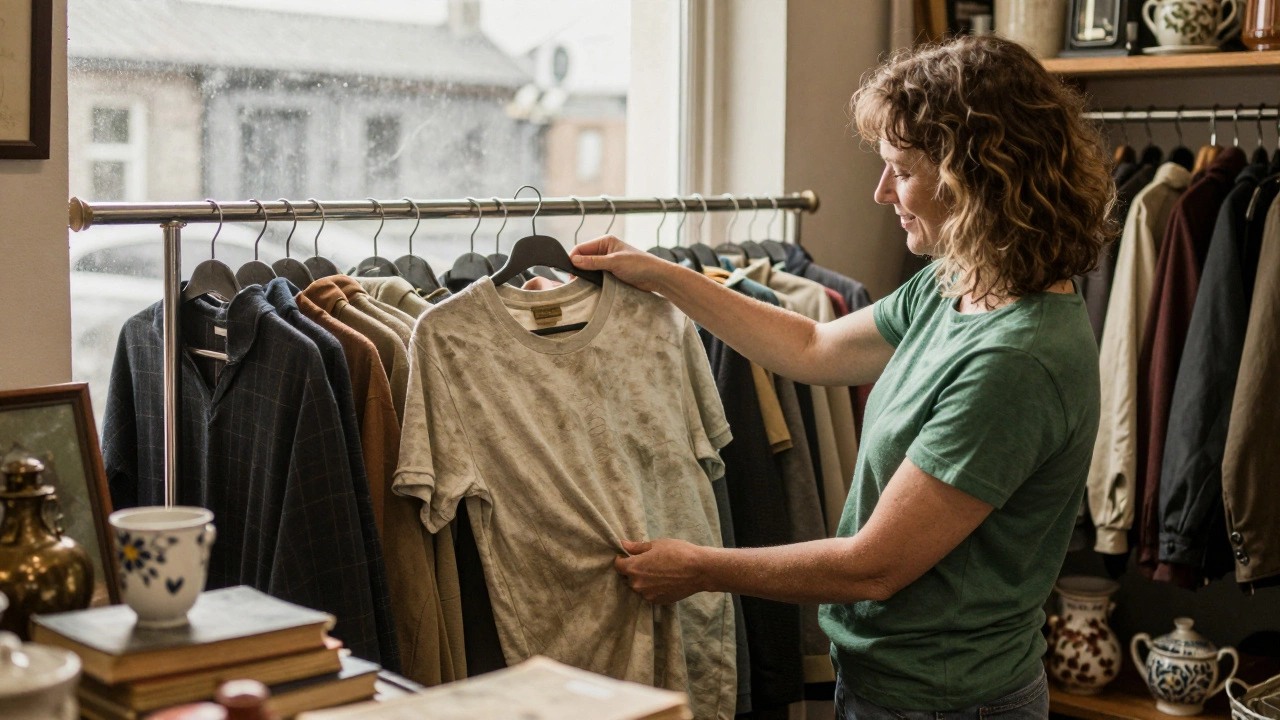 Woman browsing vintage shirts in a sunny Irish charity shop