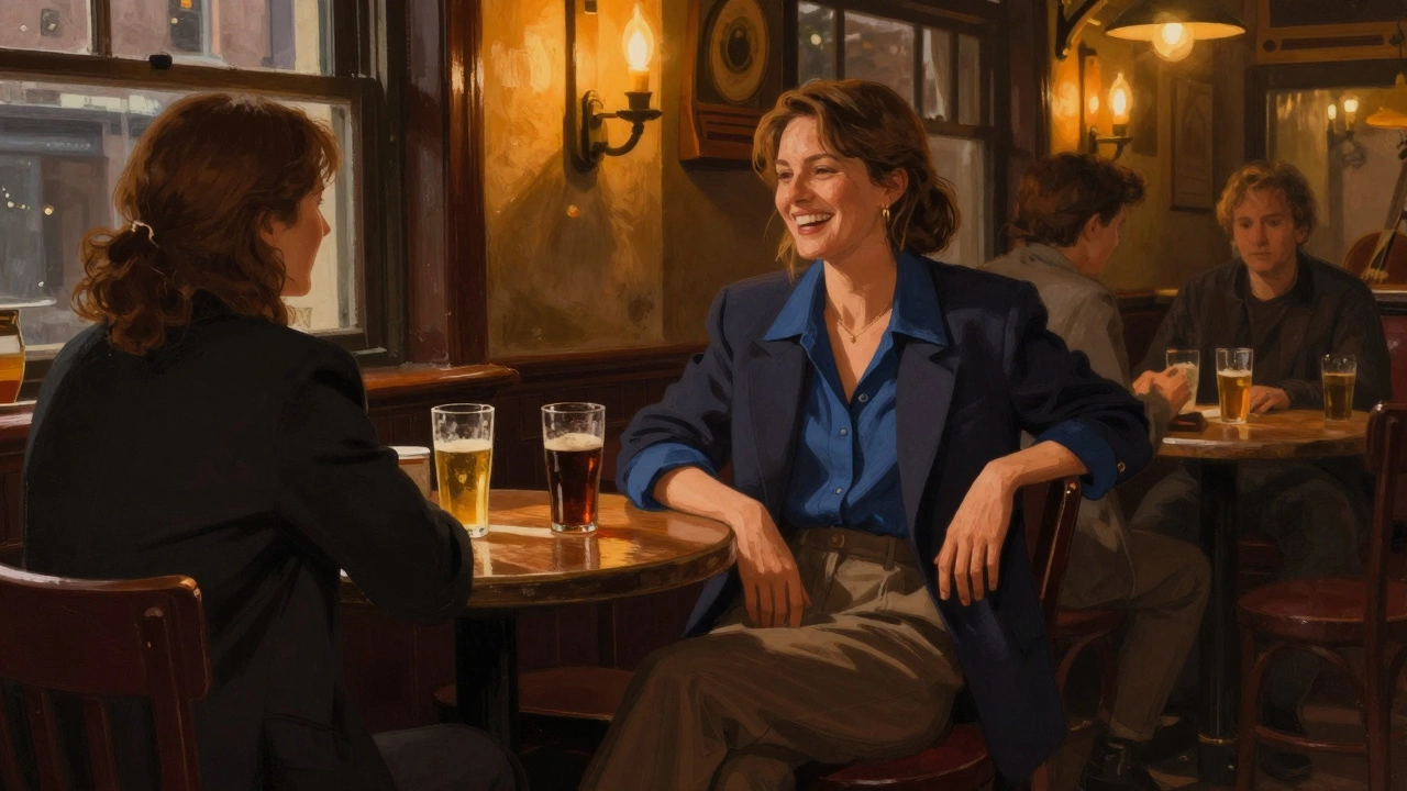 Woman in styled boyfriend shirt enjoying drinks in cozy Irish pub