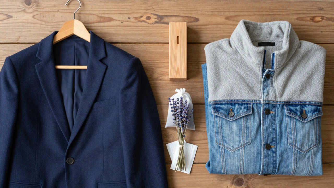 Blazer on hanger next to folded jackets, cedar block, and lavender sachet
