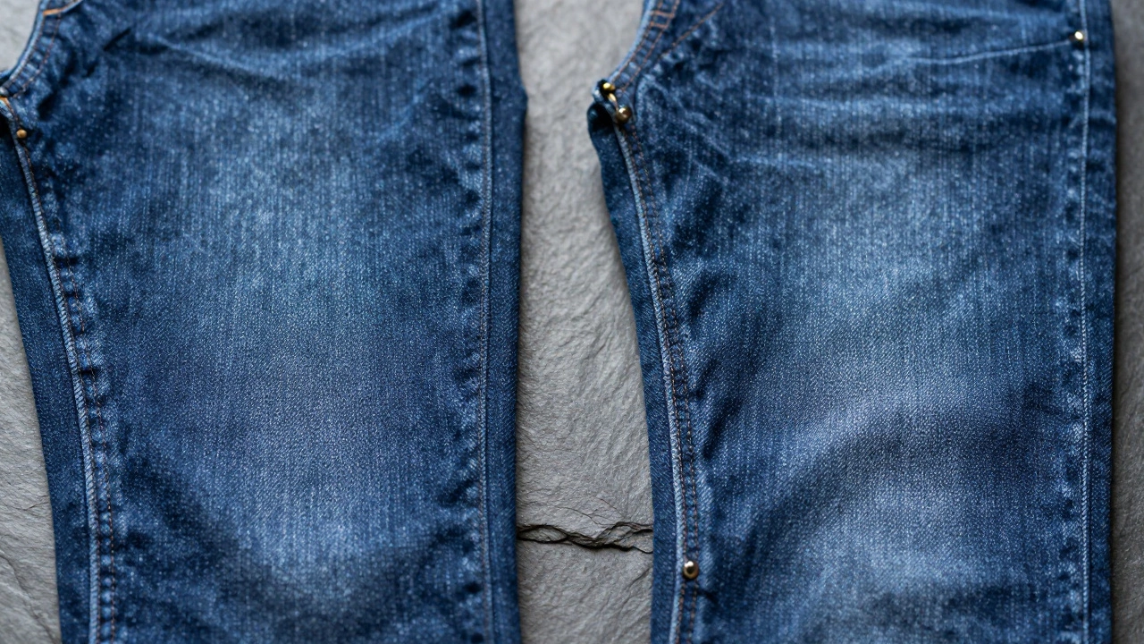 Close-up comparison of rigid cotton vs stretch denim textures