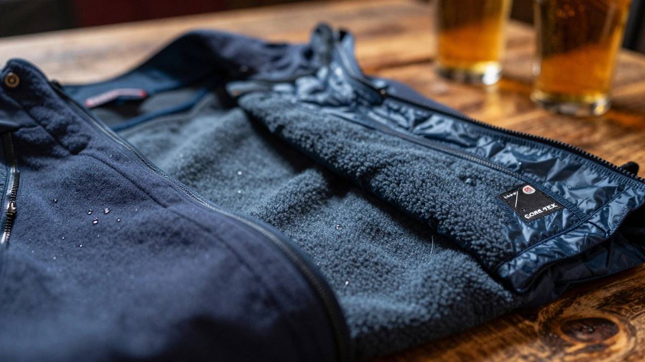 Close-up of layered outdoor clothing showing water-repellent fabric tech