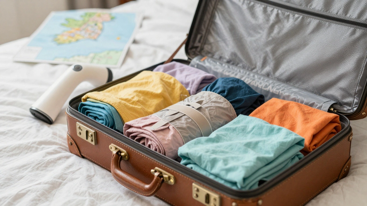 Clothes rolled using bundle wrapping method in an open vintage suitcase