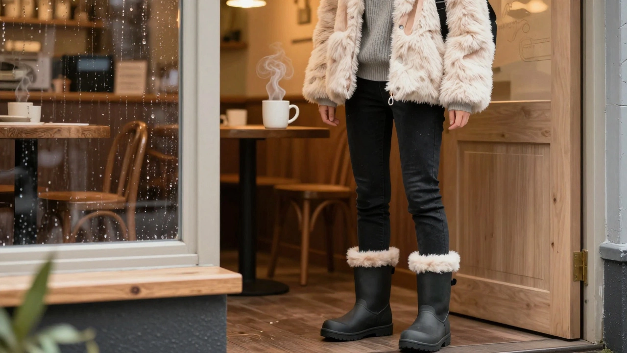 Cozy person in bunny jacket and boots enjoying coffee in rainy Ireland