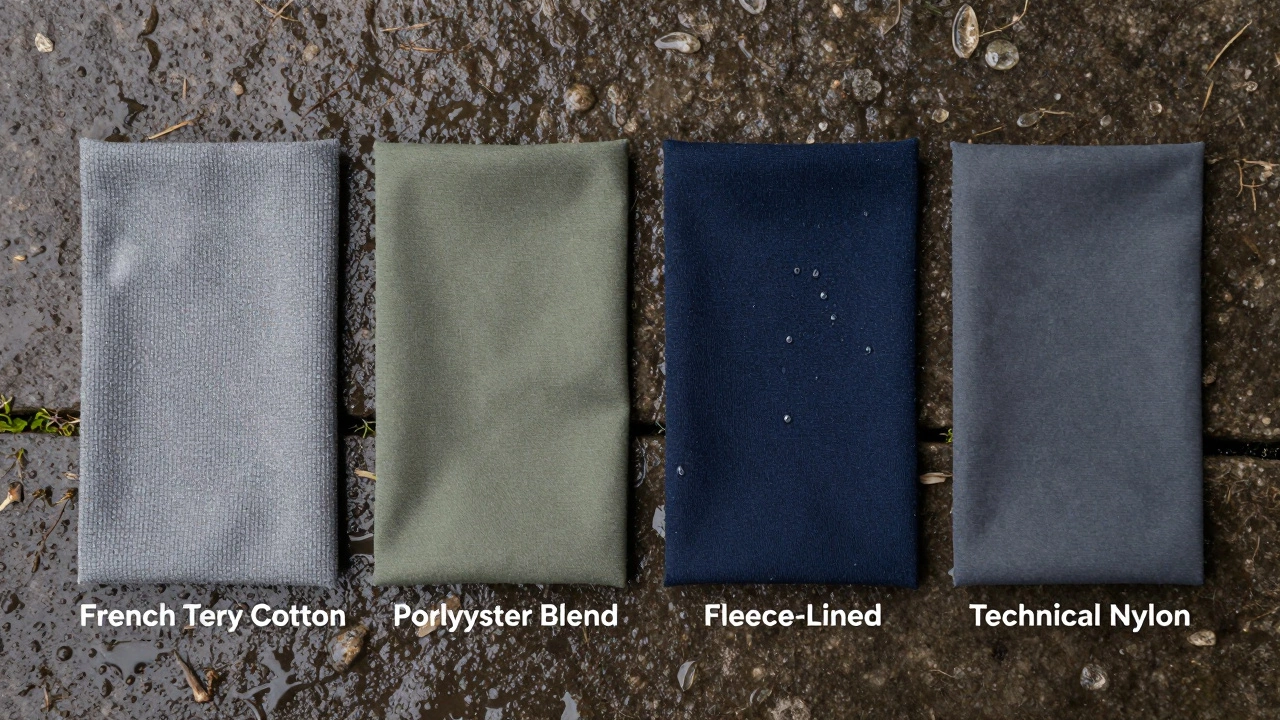 Flat lay of four hoodie fabric types showing water resistance differences