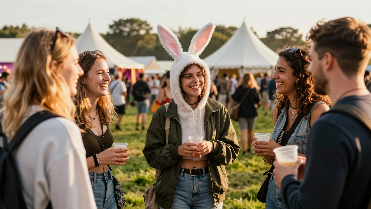 Friends laughing at an Irish festival, one wearing a bunny ear jacket
