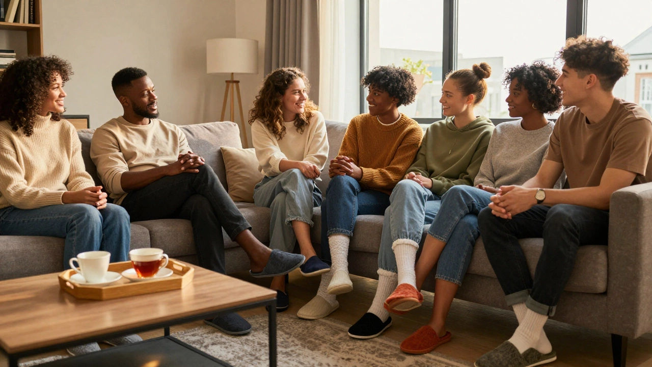 Friends relaxing on sofa wearing slippers, sharing tea in living room