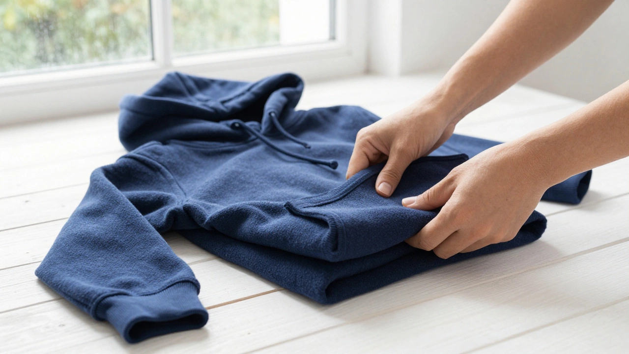 Hands neatly folding a blue fleece hoodie on a bed