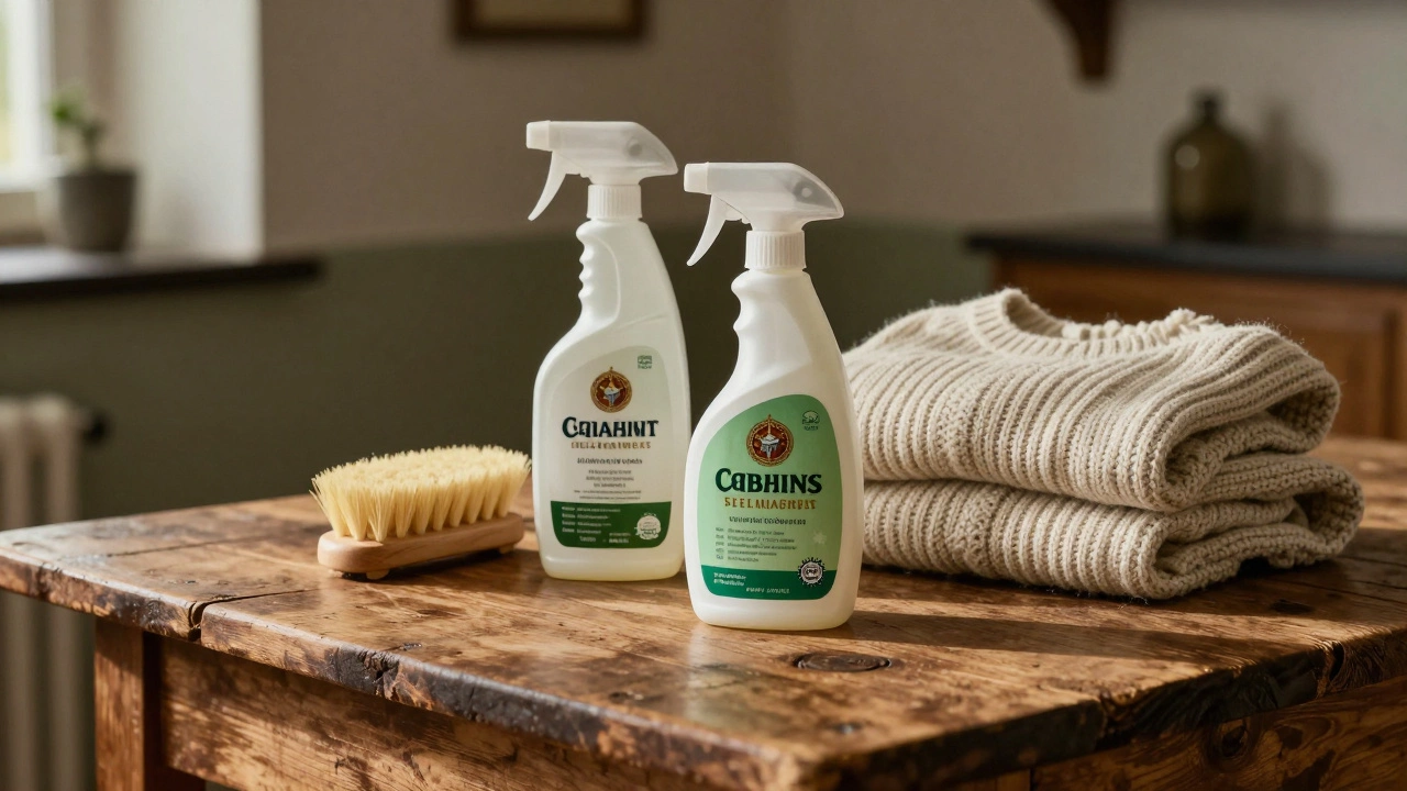 Jacket care products on wooden table