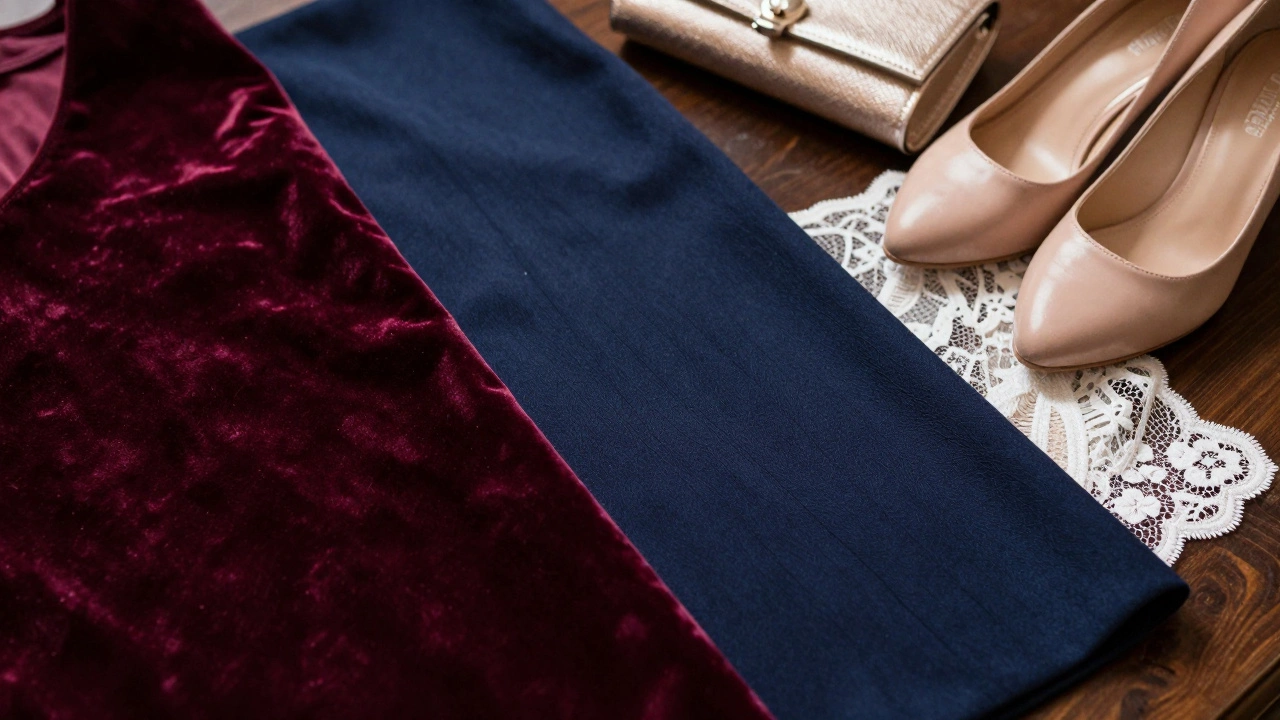 Luxurious evening wear fabrics like velvet and crepe displayed