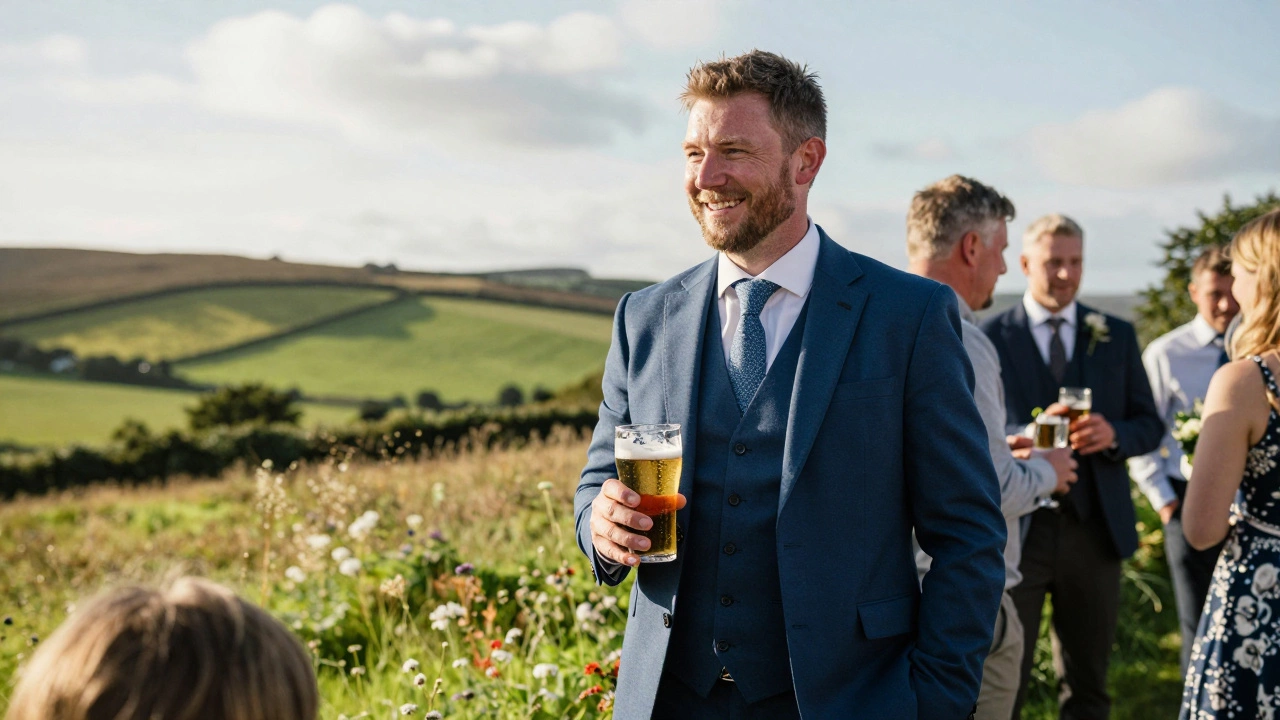 Man in blue suit smiling at an Irish outdoor wedding