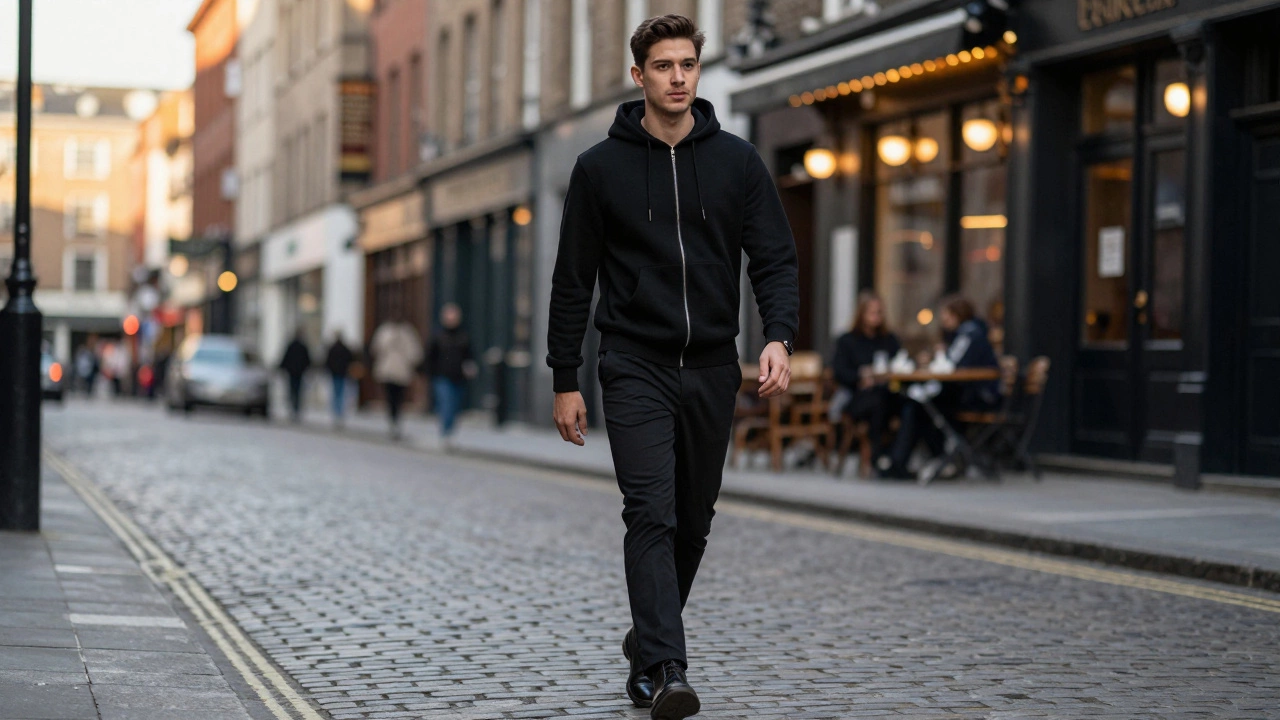 Man in tailored black zip-up hoodie walking in Dublin Temple Bar street