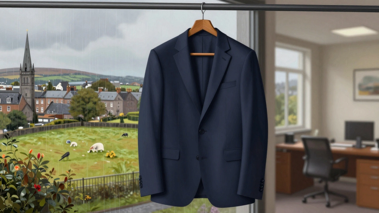 Navy suit displayed against mixed Irish backdrops