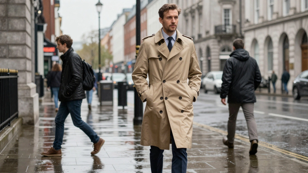Person in stylish trench coat walking through rain in urban Dublin street