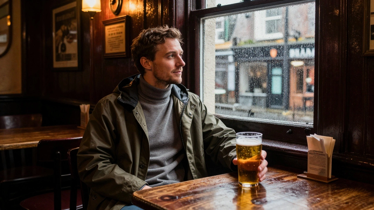 Person relaxing in an Irish pub after removing rain layers