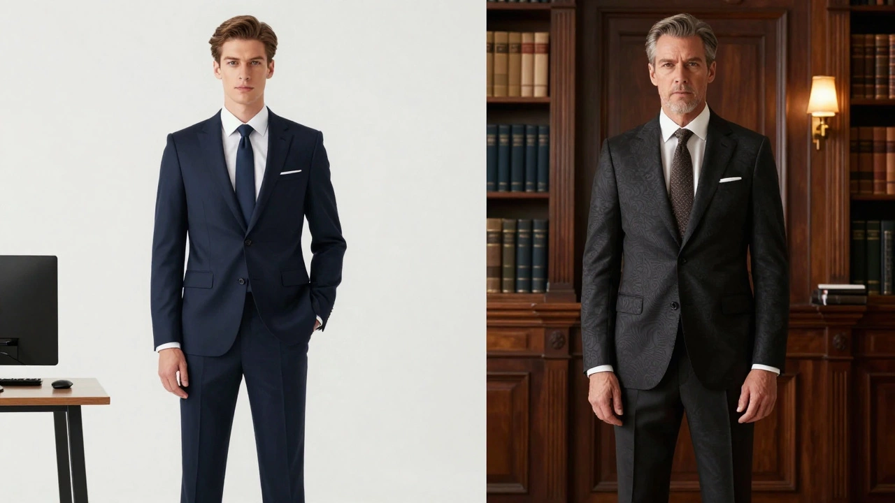 Split image comparing affordable vs bespoke men's suits