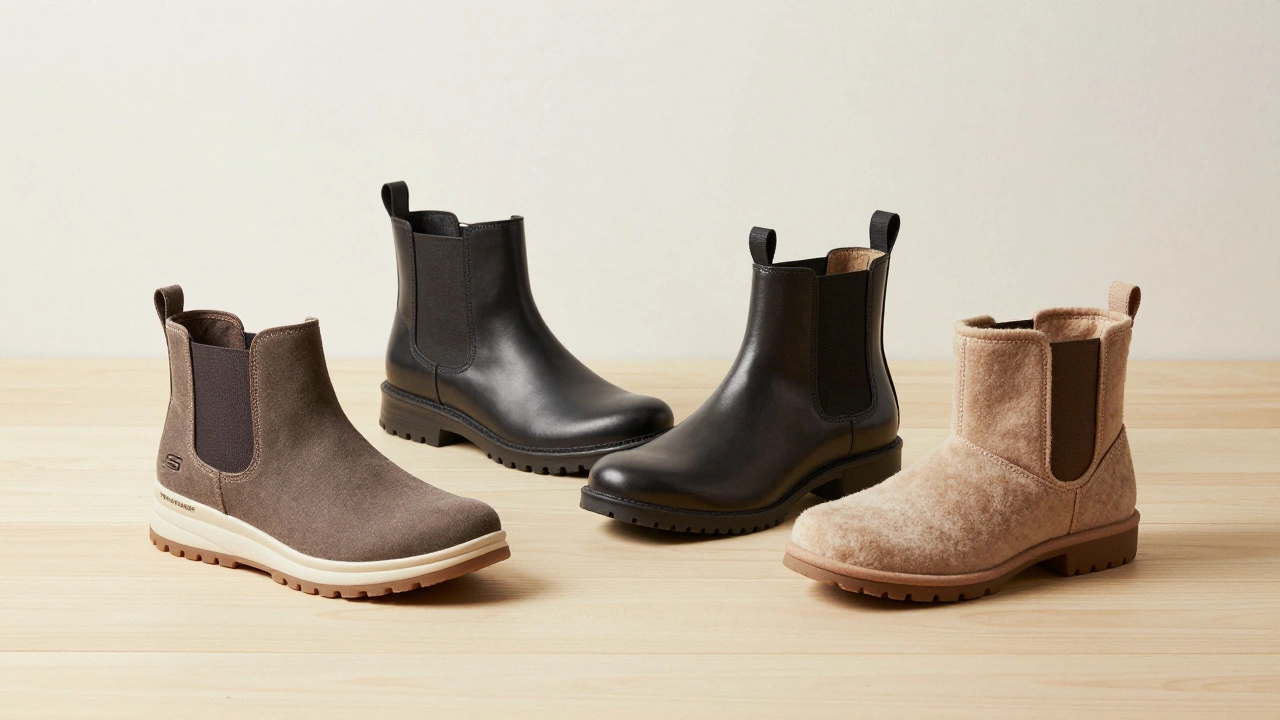 Studio shot comparing Skechers, Ecco, Vionic, and Allbirds boots on wood.