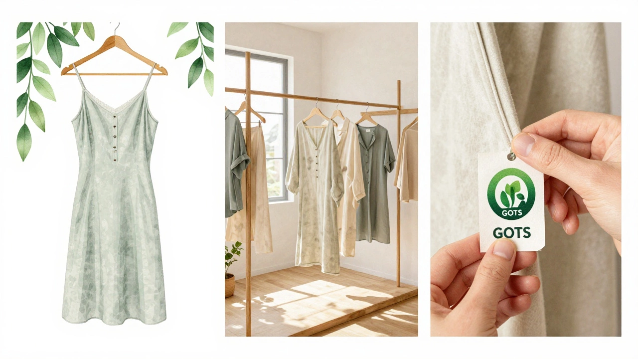 Sustainable fashion concepts showing vintage dress, organic fabrics, and labels