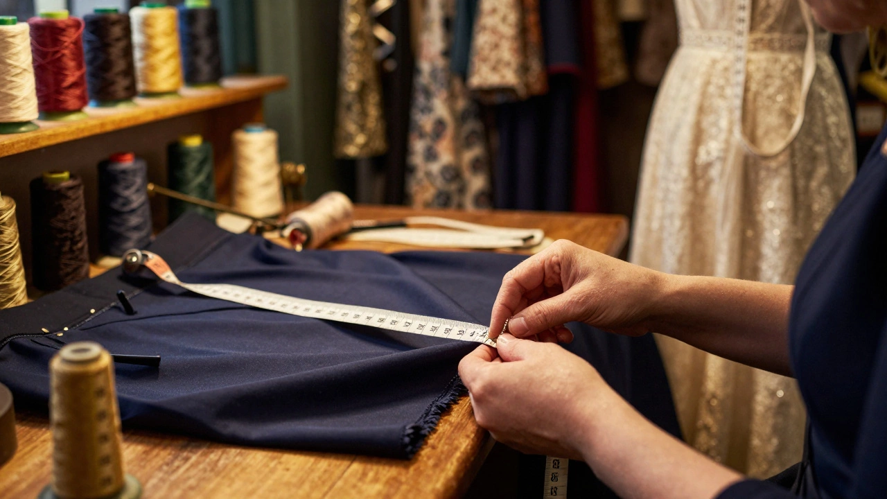 Tailor's hands altering an evening dress in a traditional Irish shop