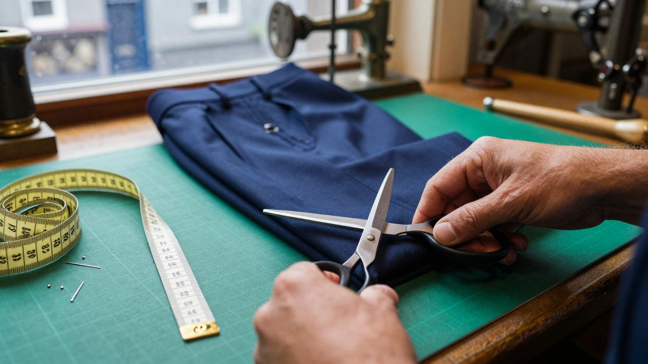 Tailor altering suit trousers on workbench