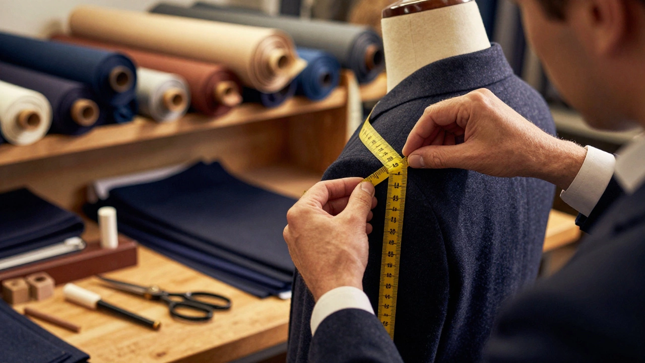 Tailor measuring suit fabric in traditional Dublin workshop