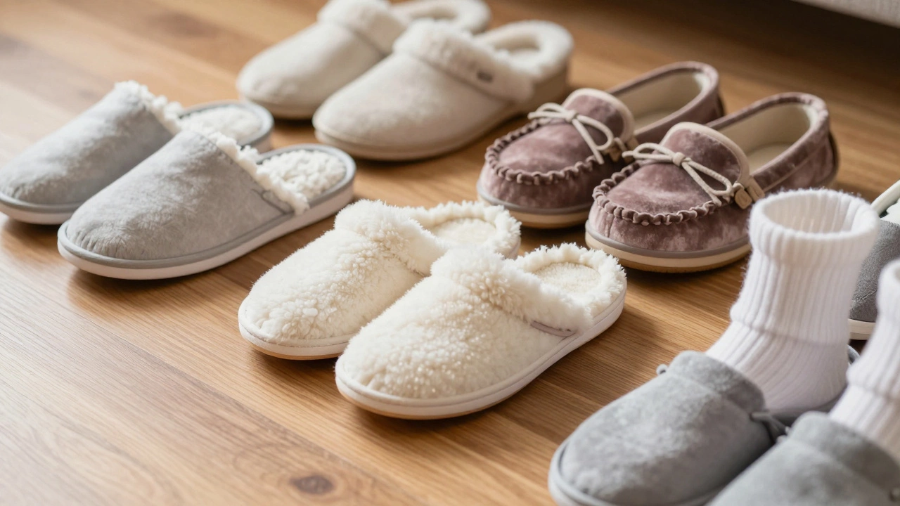 Variety of cozy indoor slippers and socks on a wooden floor