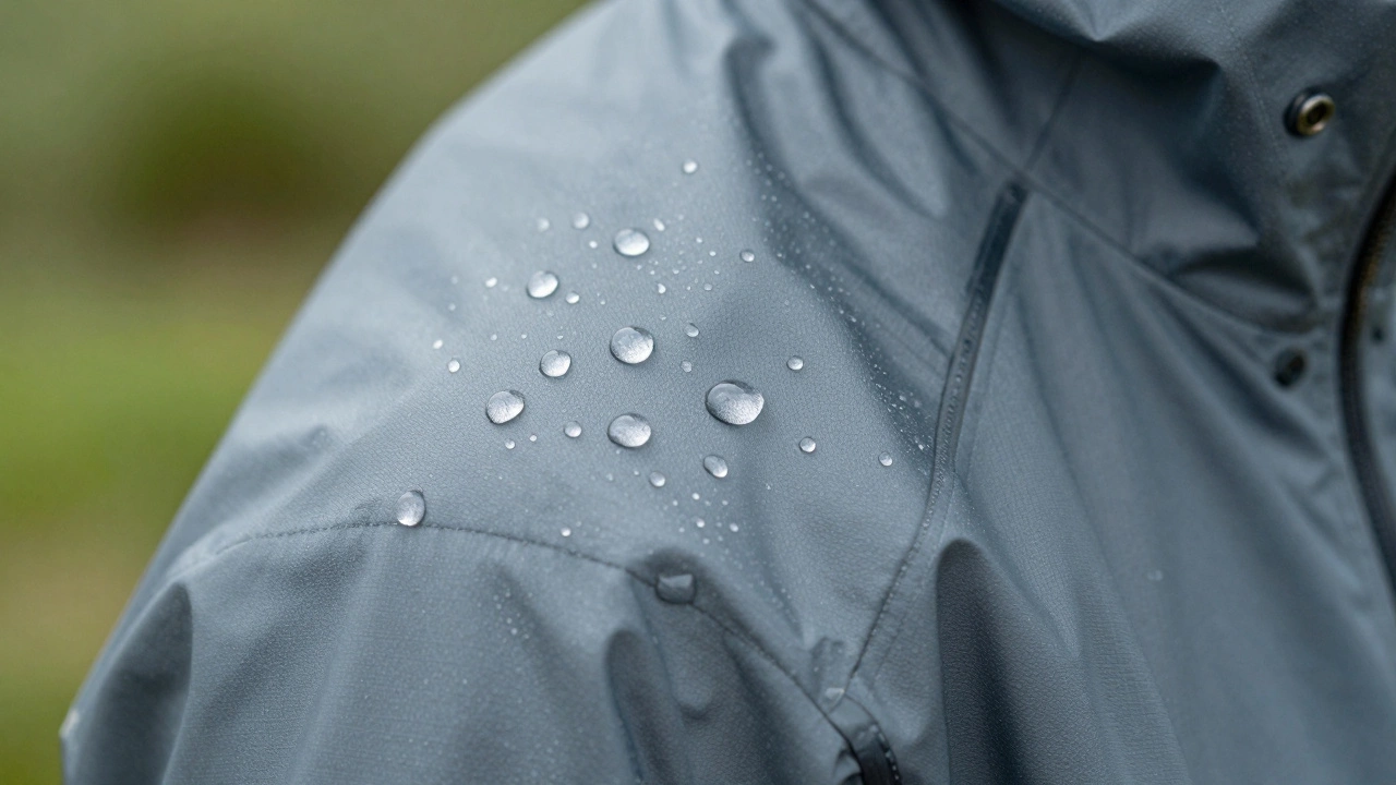 Water beading on waterproof jacket fabric