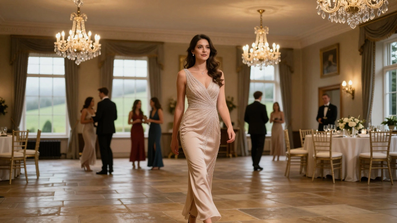 Woman in champagne dress walking in grand Irish ballroom