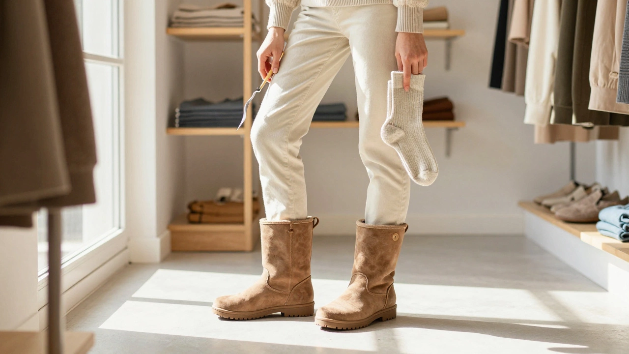Woman in comfortable wide boots holding socks, illustrating proper fit tips.