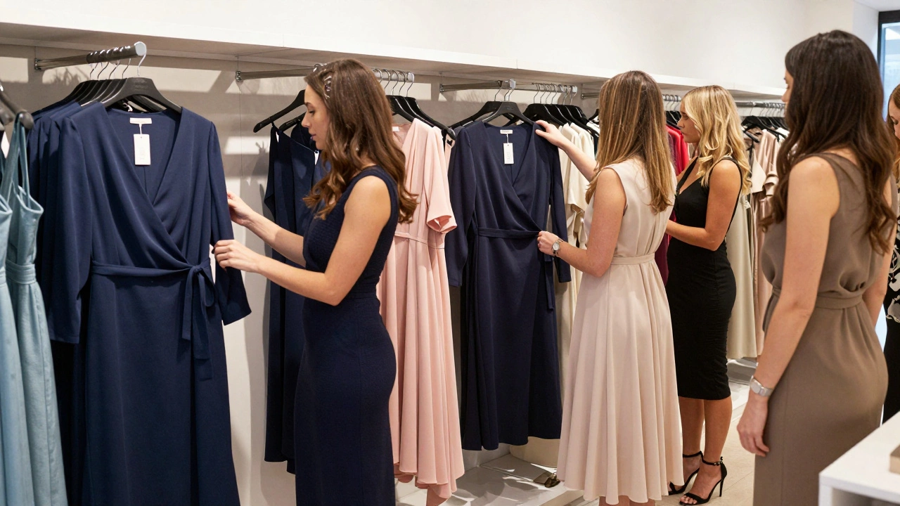 Women browsing comfortable evening dresses in a modern Irish boutique