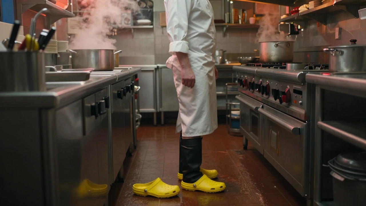 Chef's anti-slip clogs in a busy Irish pub kitchen