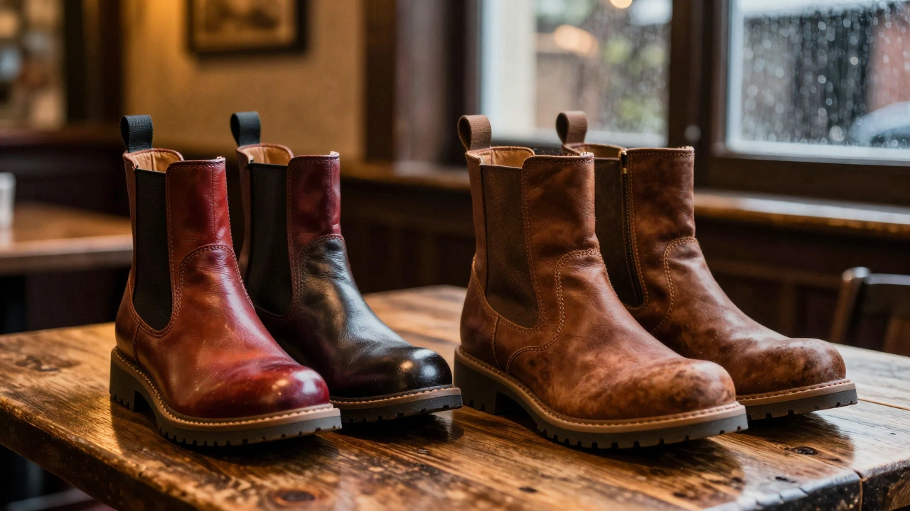 Close-up comparison of sleek colorful Born boots and sturdy earth-toned Boc boots on wood