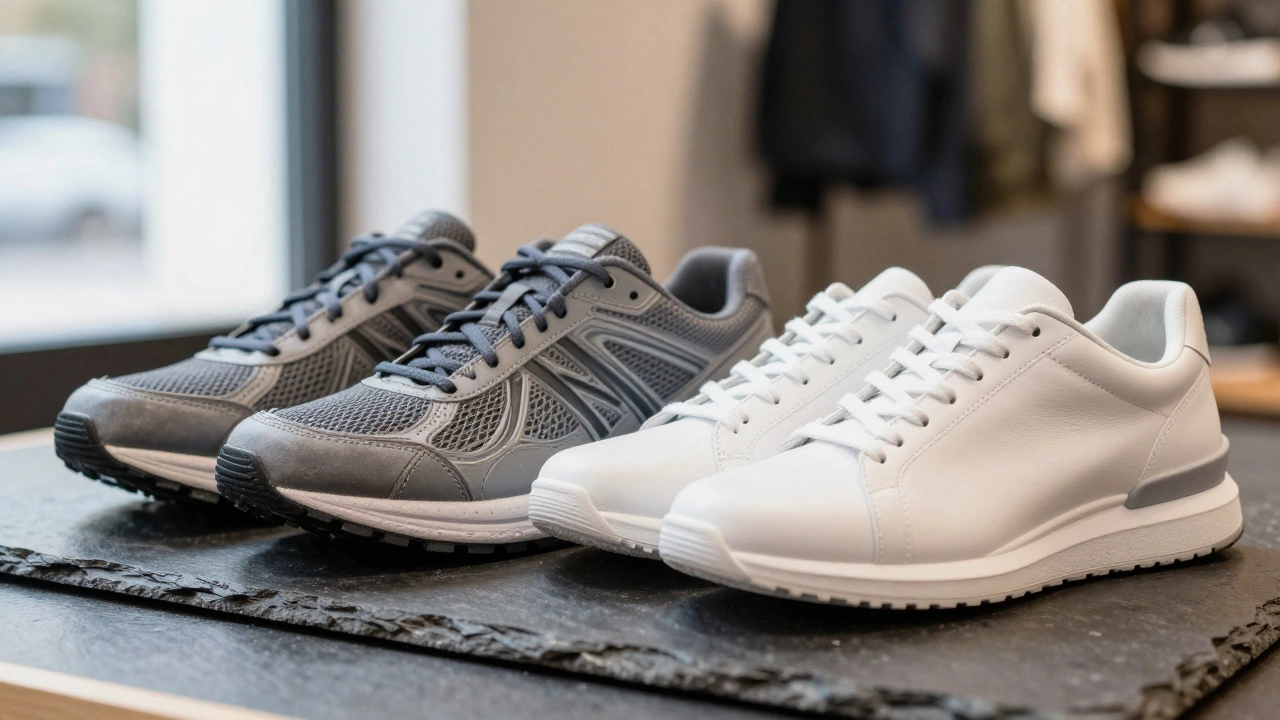Close up of durable running trainers next to sleek white leather fashion sneakers