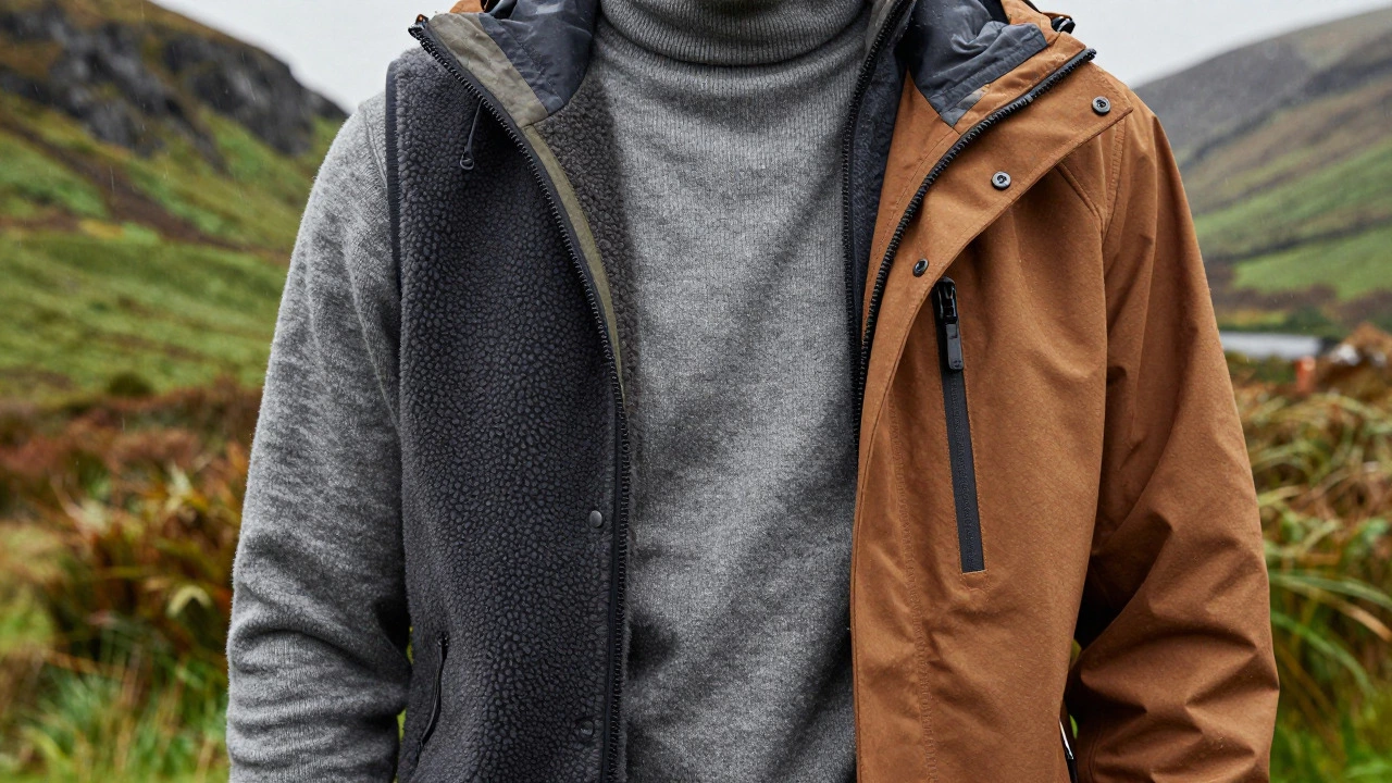 Close-up of layered technical clothing for rain