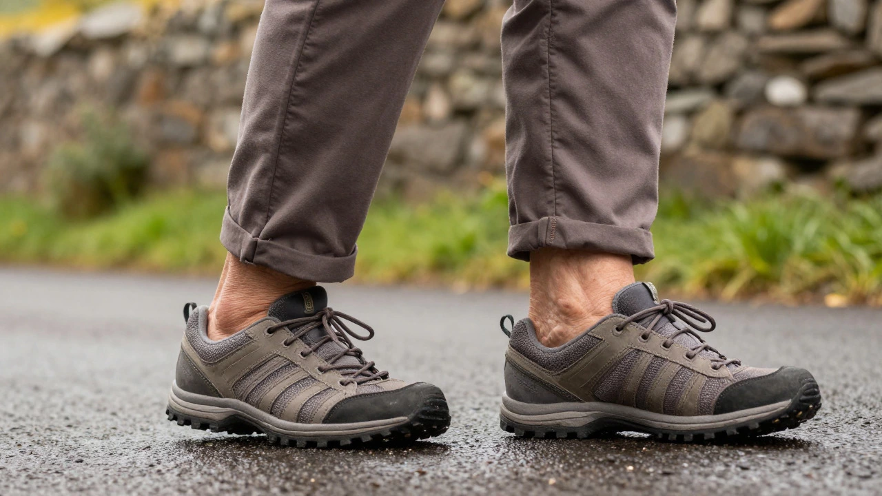 Close up of sturdy non-slip shoes and wide-leg trousers on wet pavement
