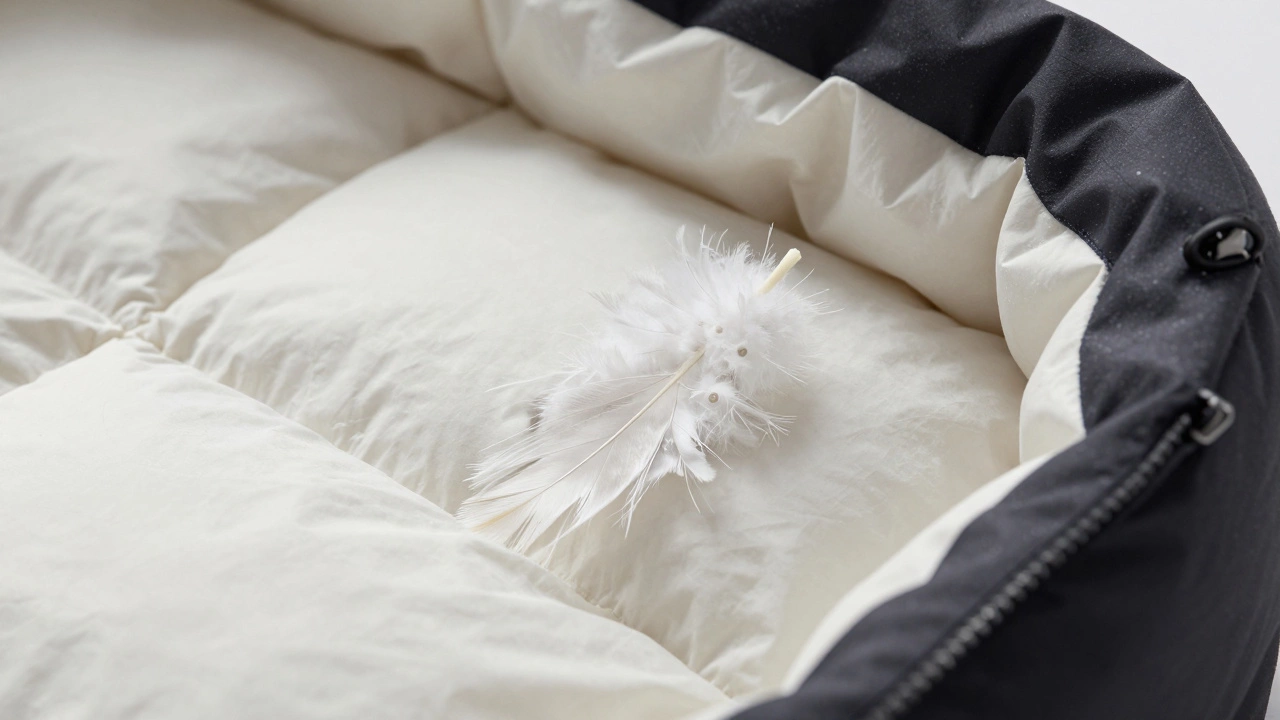 Close-up of white duck down insulation and durable jacket fabric